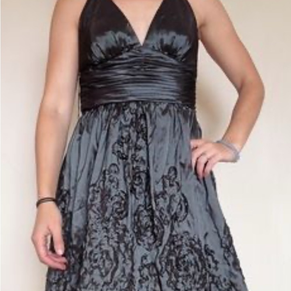 Papell Boutique Brown Satin Embroidered Midi Dress